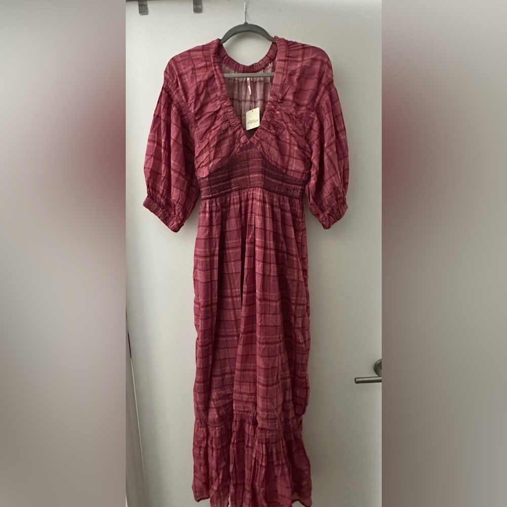 Free People Long Sleeve Plaid Dress in Pink